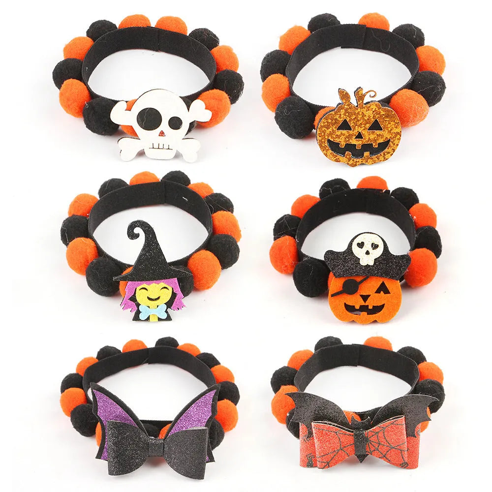Halloween pet collar with fur ball decoration in pumpkin design on dog neck
