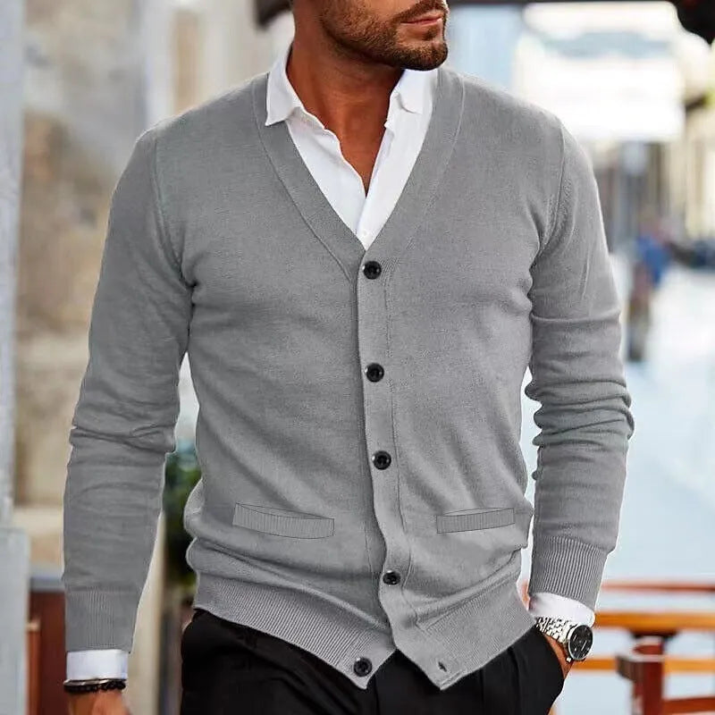 Men's slim fit acrylic cardigan sweater coat in wine red colour with long sleeves