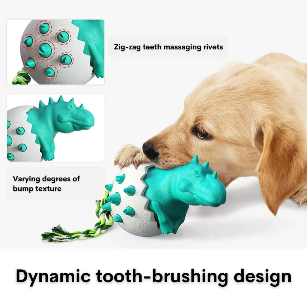 Blue durable rubber dino dog chew toy with attached nylon rope for aggressive chewers.