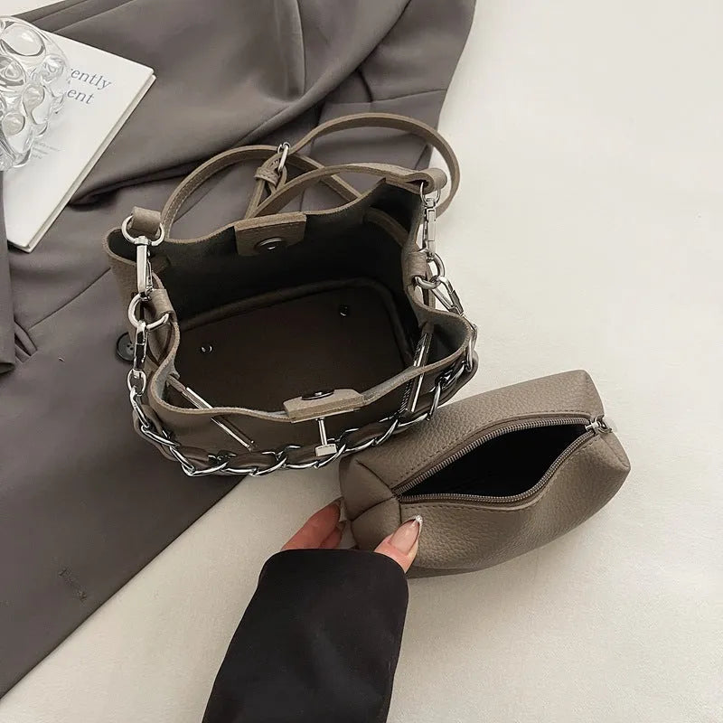 Soft PU leather retro shoulder bucket bag in black colour with internal organiser pockets