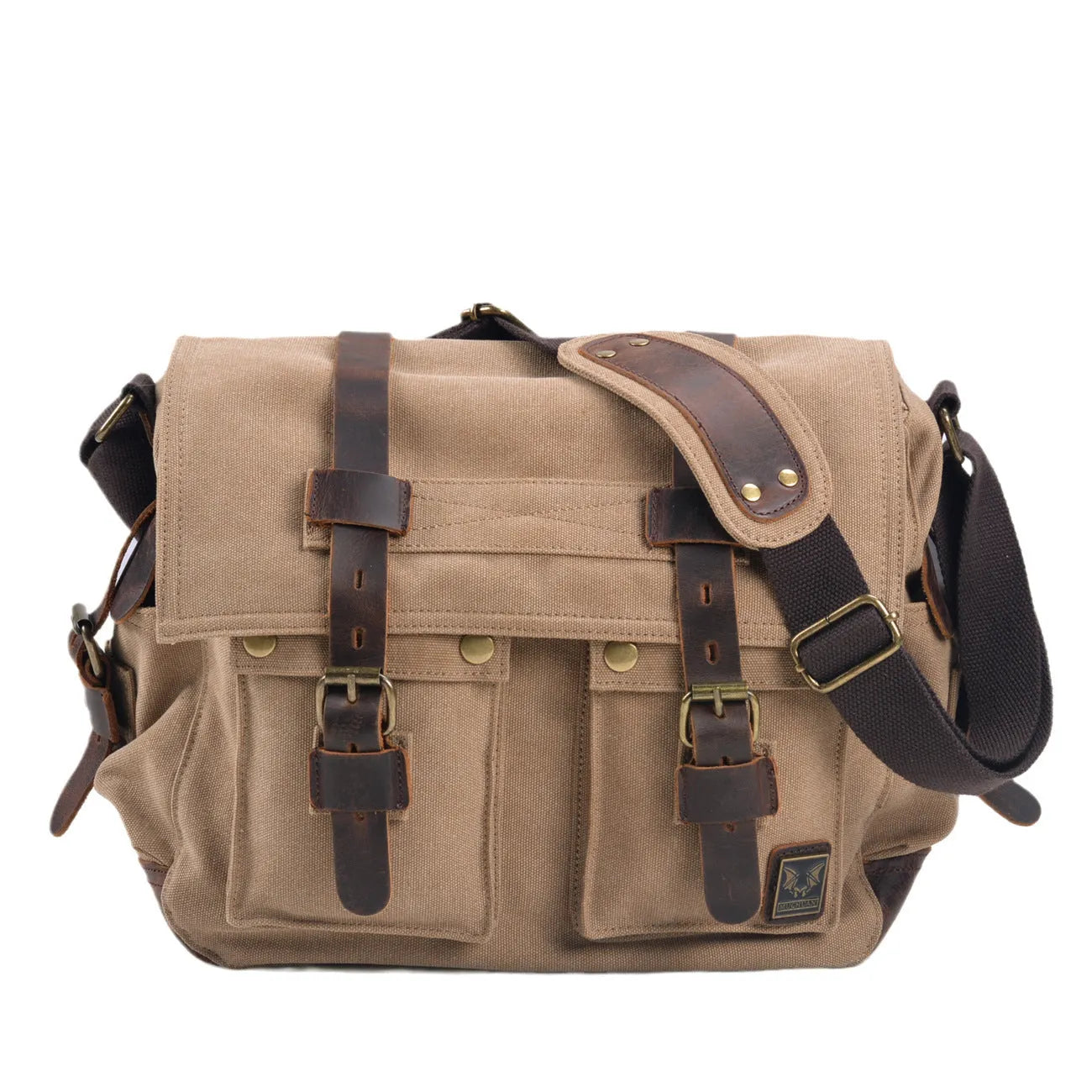 Men's retro canvas crossbody shoulder bag with flap closure and cowhide detailing in multiple colour options