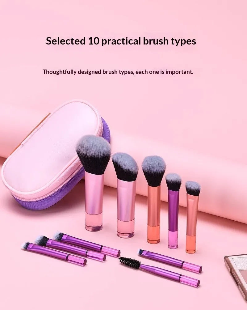 10 piece makeup brush set with crystal handles and aluminium tubes in storage bag