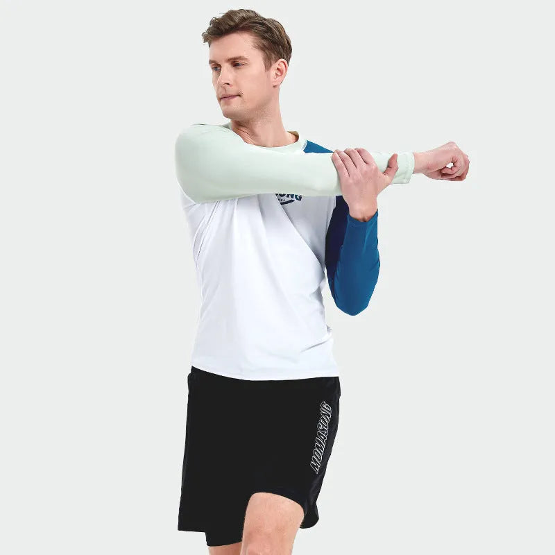 Men's white long-sleeved swim top and matching navy blue swim trunks set for outdoor water sports.