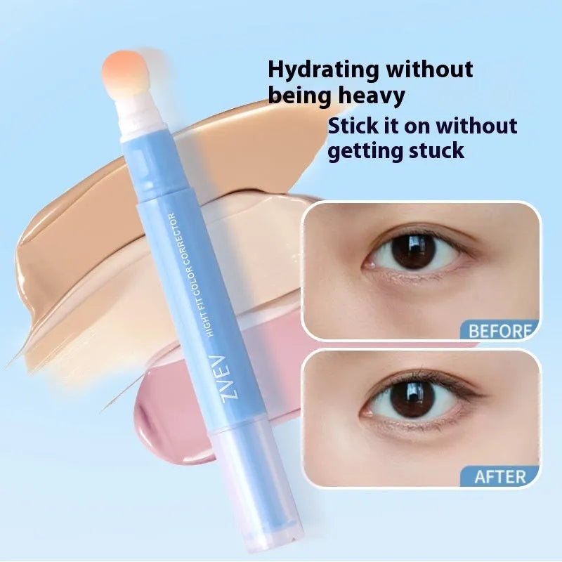 Concealer cream tube with sponge brush head applicator showing three colour shades