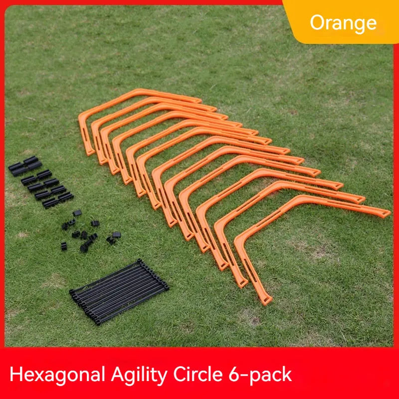 Set of six foldable hexagon football agility training rings in yellow, green, and orange colours.