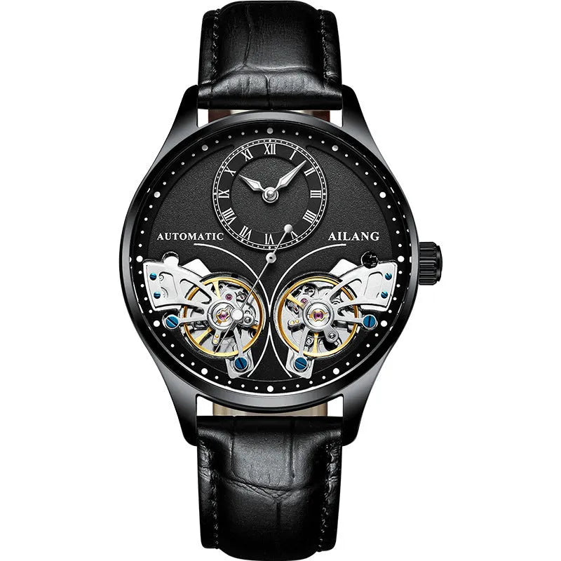 Men's automatic watch with tourbillon, moon phase, black steel case, and transparent back showing Seiko movement.