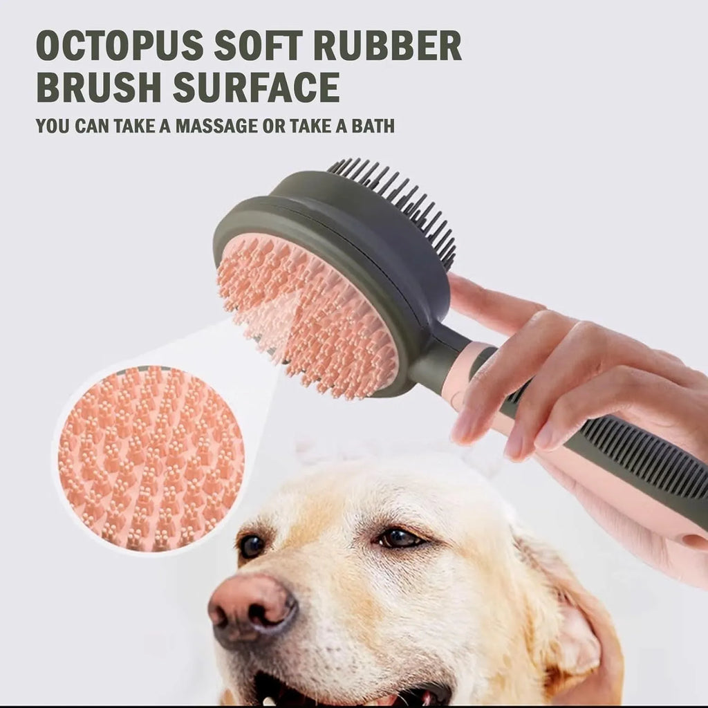Green and pink double sided cat brush with release button showing brush and flea comb sides