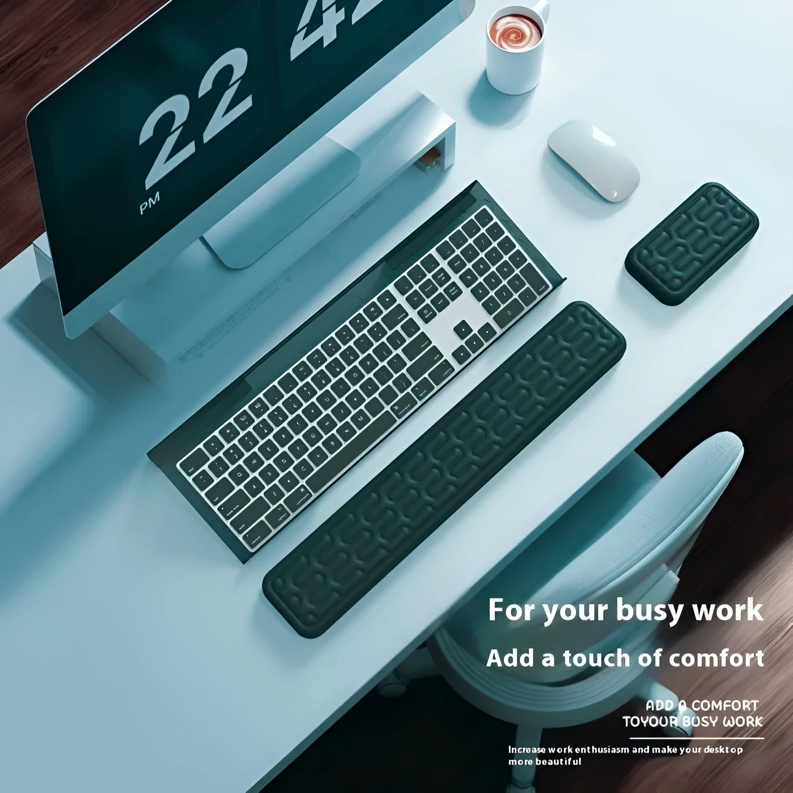 Double-sided keyboard and mouse pad with memory foam, wrist strap, and hand pillow in various colours