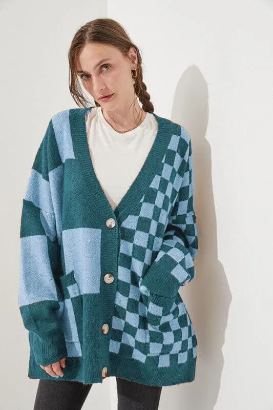 Loose slim fit cardigan with printed checks pattern in polyester spandex blend fabric