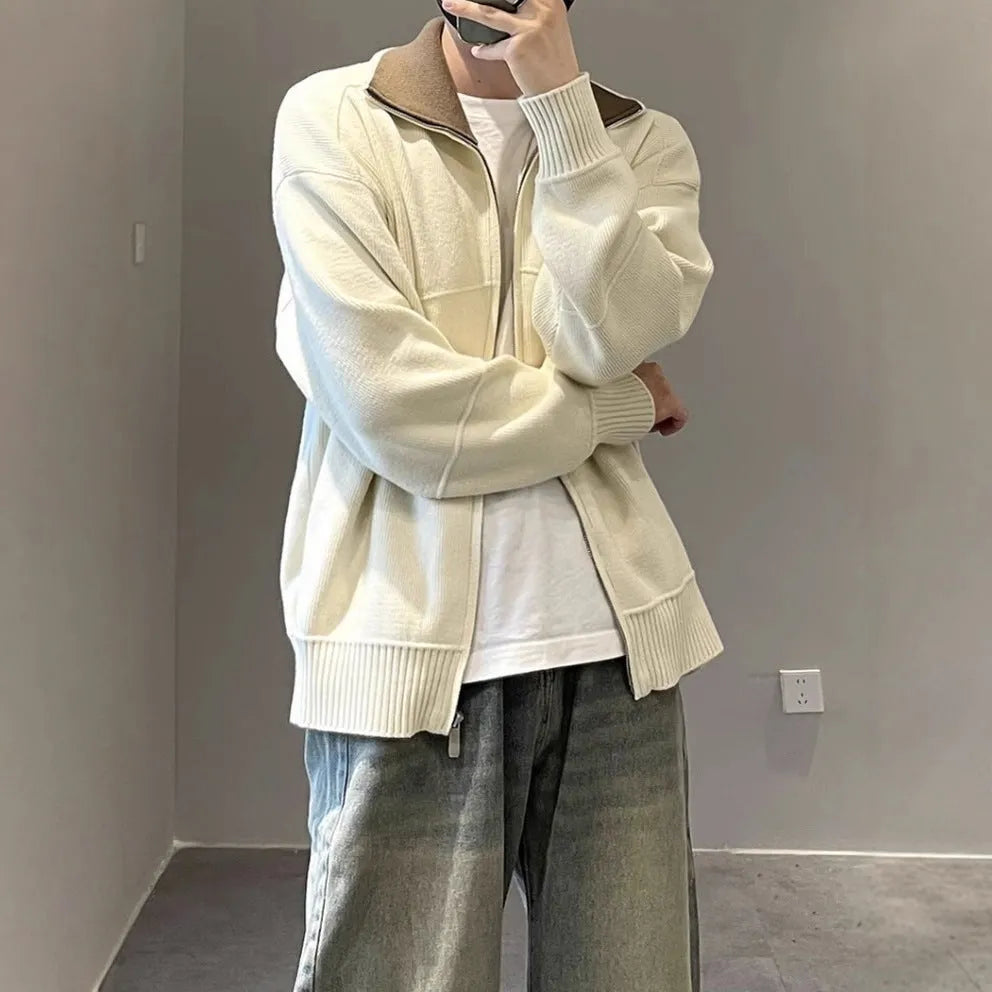 Barne style contrast colour knitted cardigan sweater for men, loose fit, long sleeves, apricot colour, front view