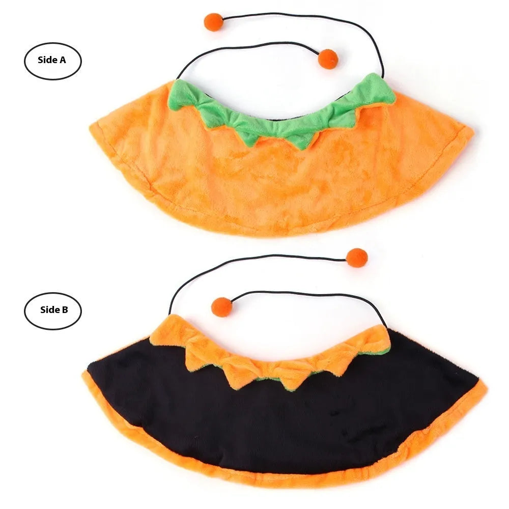 Plush double-sided pumpkin cloak Halloween costume for dog or cat in S, M, L sizes with hat option