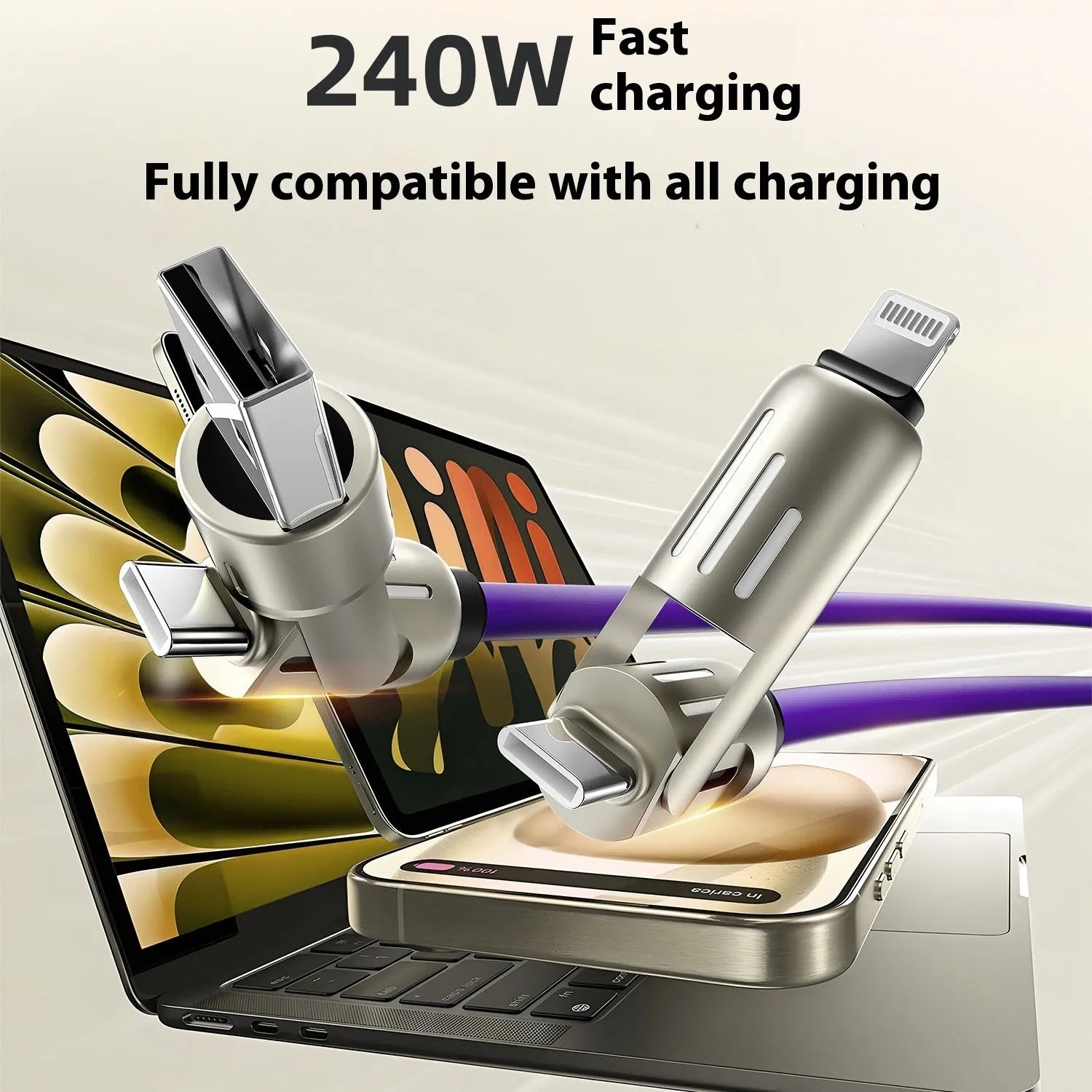 Purple four-in-one silicone data cable with breathing light indicator 1-2m