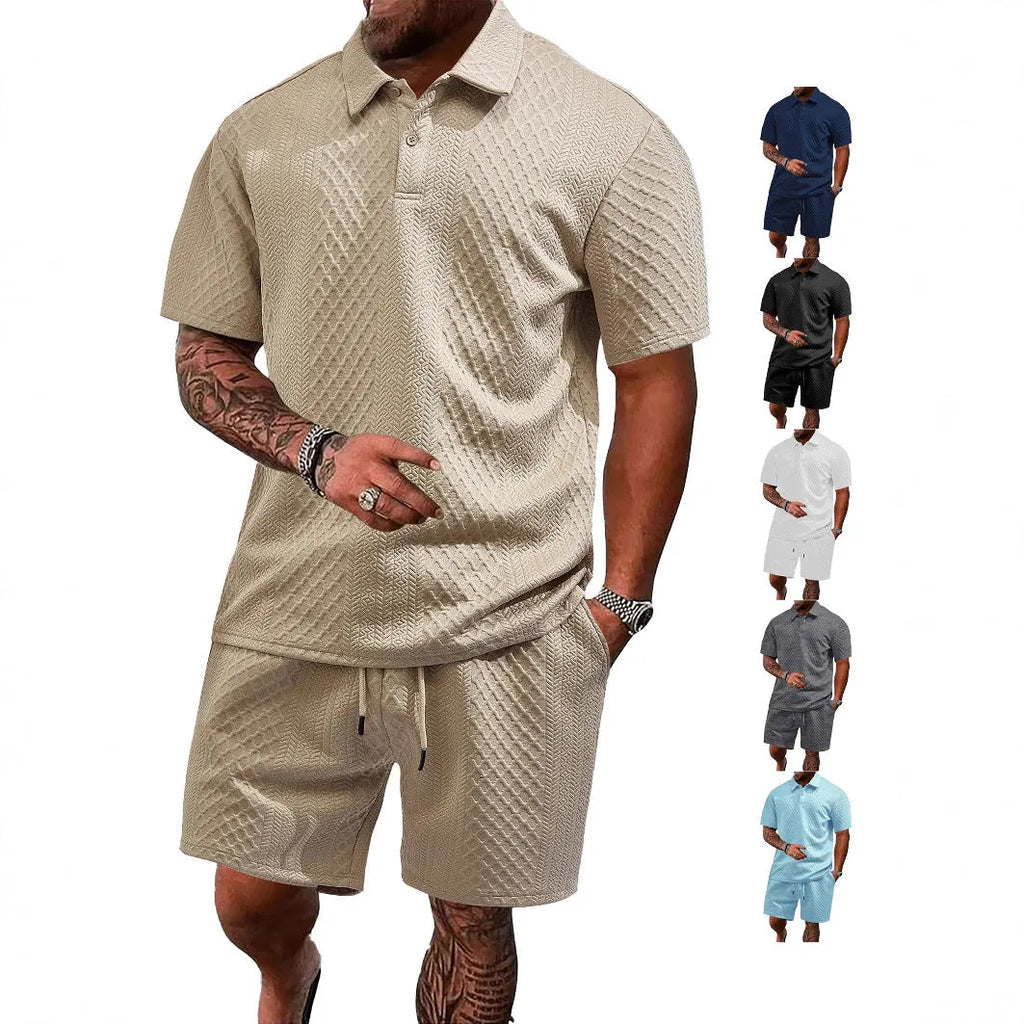 Men's patterned polyester casual suit with short-sleeve polo shirt and trousers in multiple colour options