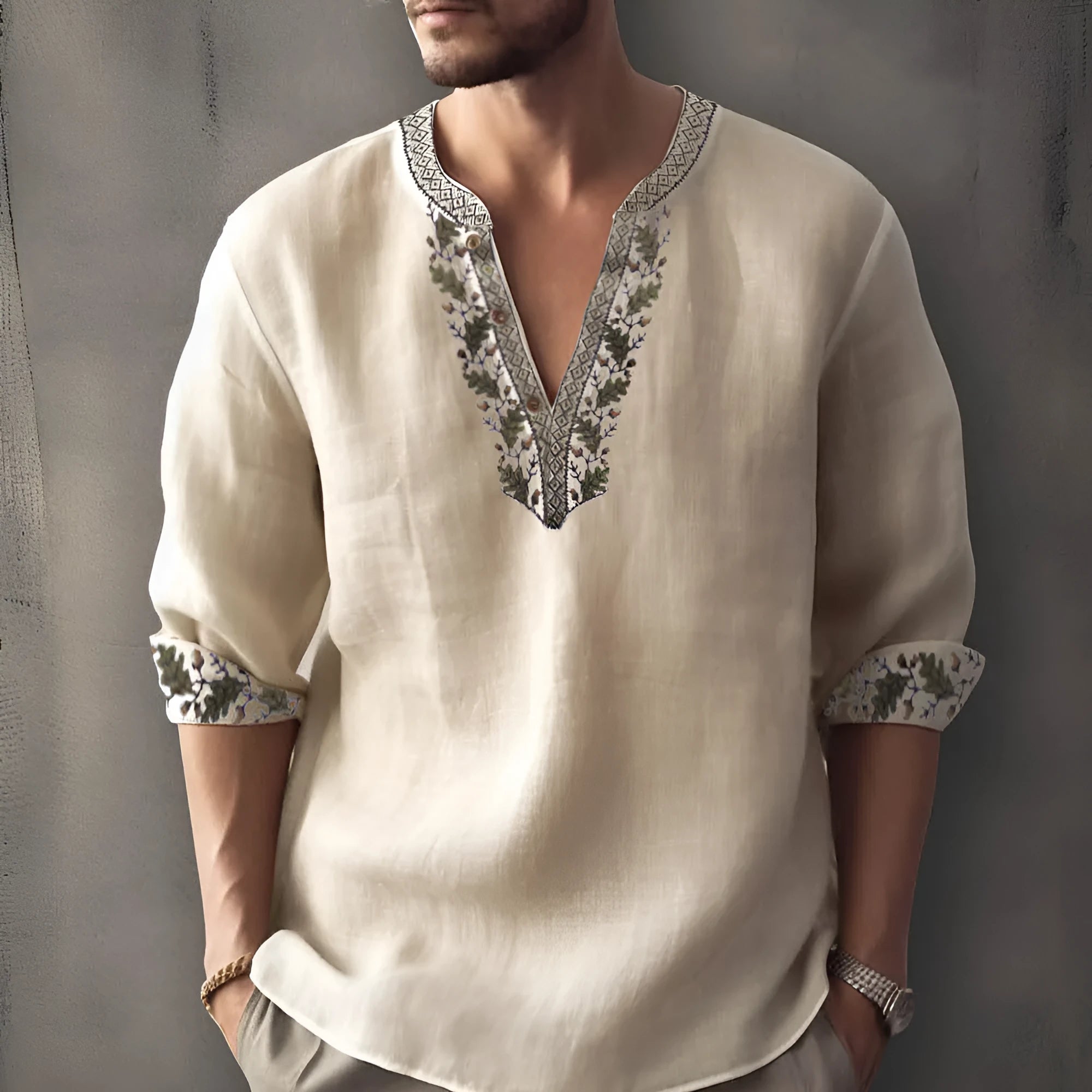 Man wearing striped bamboo hemp short sleeve shirt in British style, showing colour options S9570135 and S9577167.