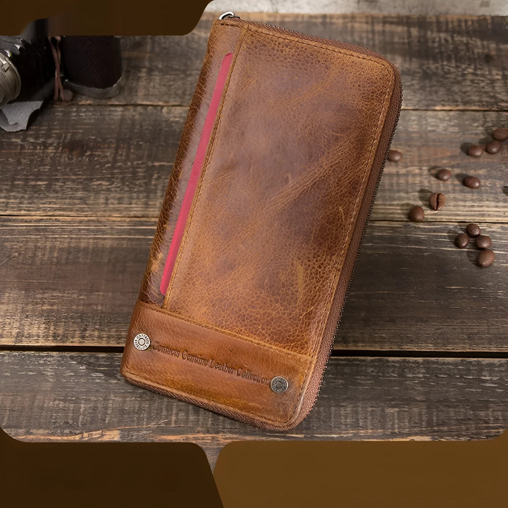 Brown genuine leather men's wallet with anti-theft card protection feature
