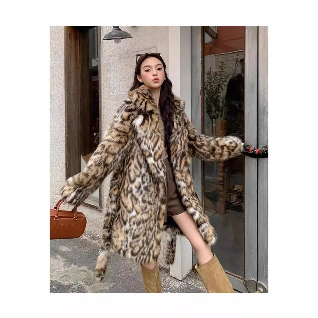 Street fashion faux fur coat with fur collar in mid-length style showing pocket detail