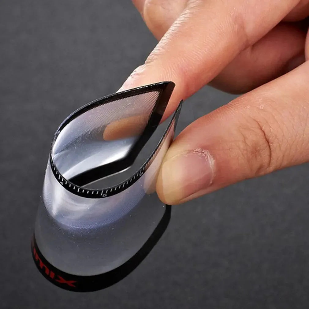 Black and white portable credit card sized foldable plastic magnifier for reading small text.