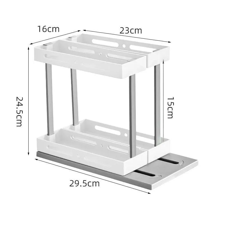 Plastic pull-out spice rack with double layer in milk white for under sink kitchen cabinet storage