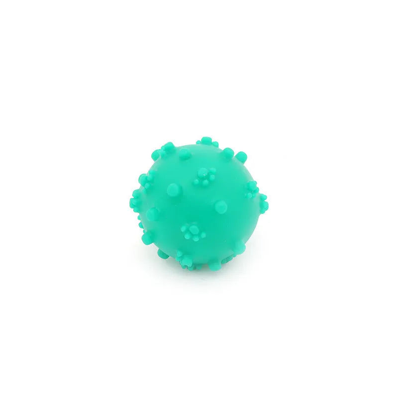 Set of four bright blue, green, pink, and yellow 2-inch squeaky dog toy balls with a textured, dimpled surface.