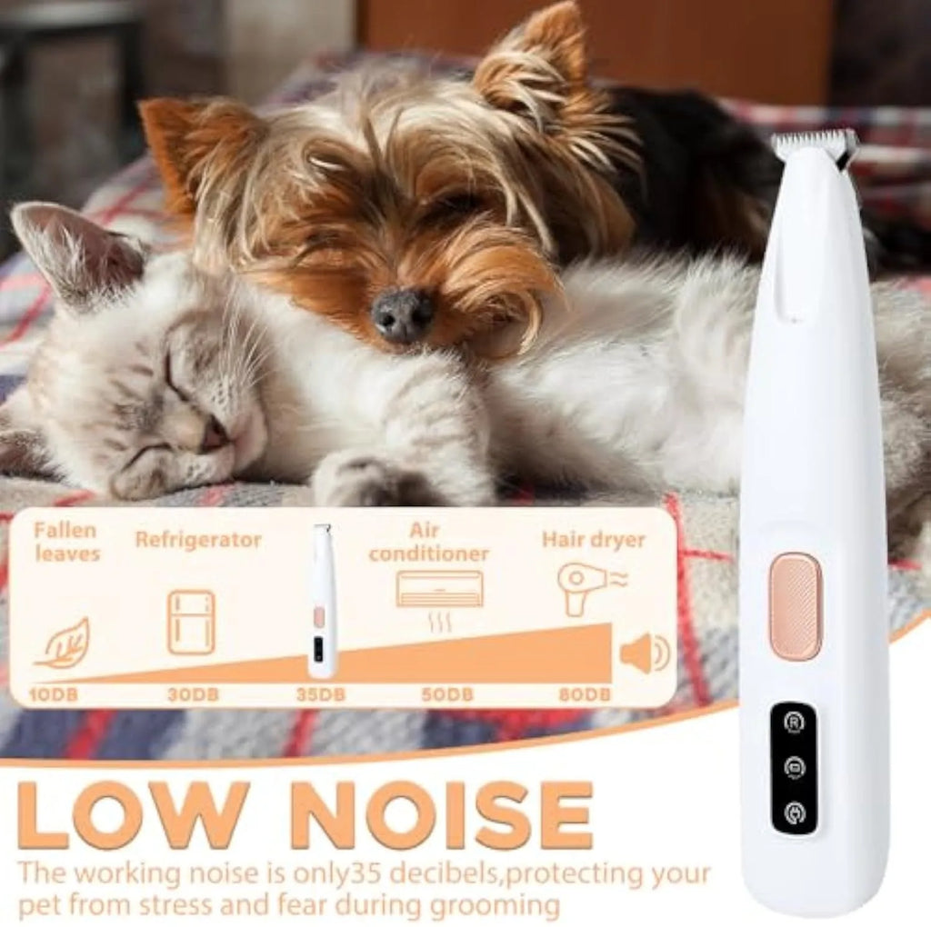 White electric dog paw trimmer with LED light showing 17.7cm length for pet grooming