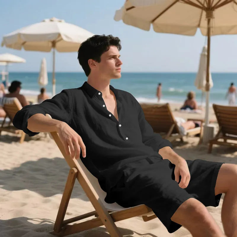 Men's linen beach suit showing long sleeve shirt and matching shorts in light blue colour