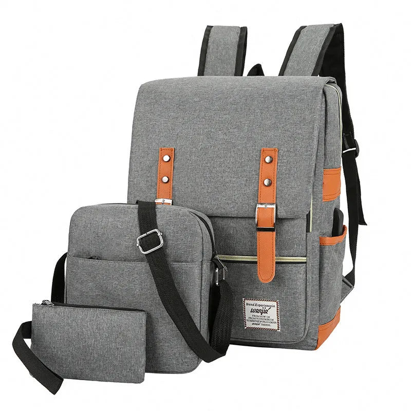 Three-piece compartment backpack in Oxford cloth, shown in black, blue, grey, or wine red.