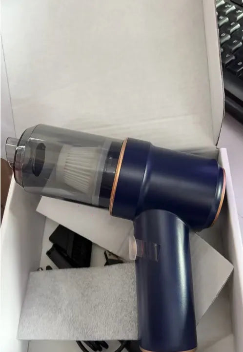 Mini rechargeable wireless vacuum cleaner 8000pa Moran Blue with brush, long straw, and USB cable on light background