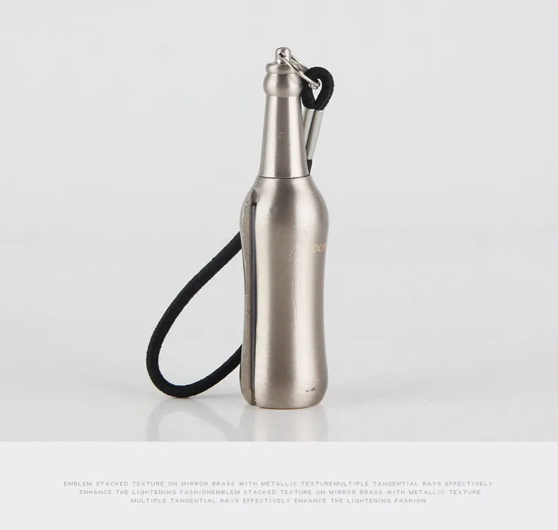 Metal keychain lighter with flint striker and bottle opener in black nickel finish