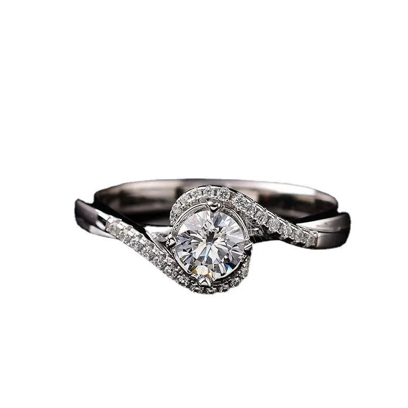 Silver geometric open-mouth women's ring with adjustable opening and synthetic moissanite stone