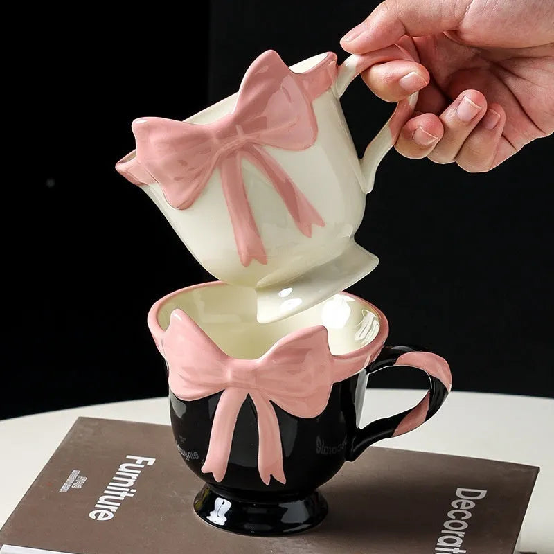 Ceramic heart bow mug in black pink or white powder colour with 340ml capacity