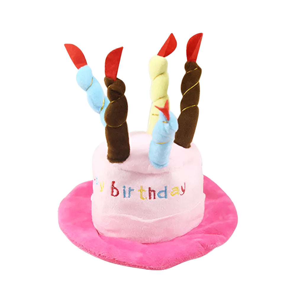 Blue and pink dog birthday hats showing 21cm by 15cm by 6.5cm dimensions