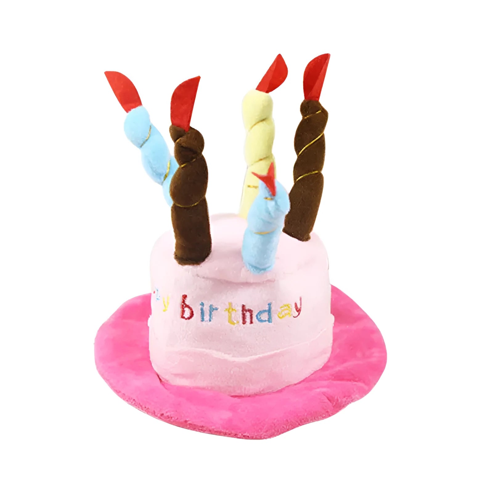 Blue and pink dog birthday hats showing 21cm by 15cm by 6.5cm dimensions
