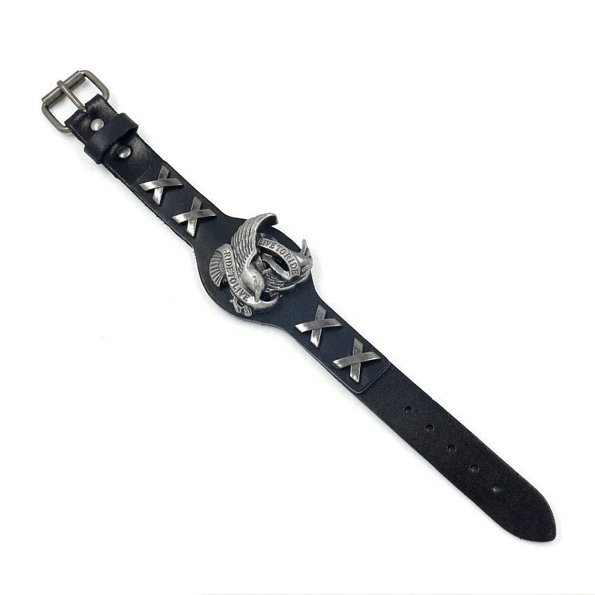 Black leather watch bracelet with geometric shape and a silver alloy eagle clasp.