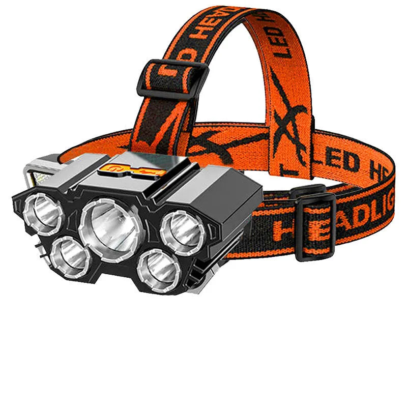 10W PVC head-mounted LED miner's lamp with head strap, shown with data cable and storage box.