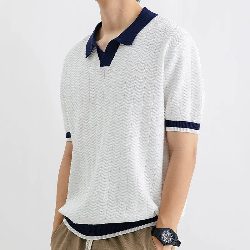 Men's ice silk striped polo shirt, short sleeve, slit detail, dark green camel black white, sizes M-3XL