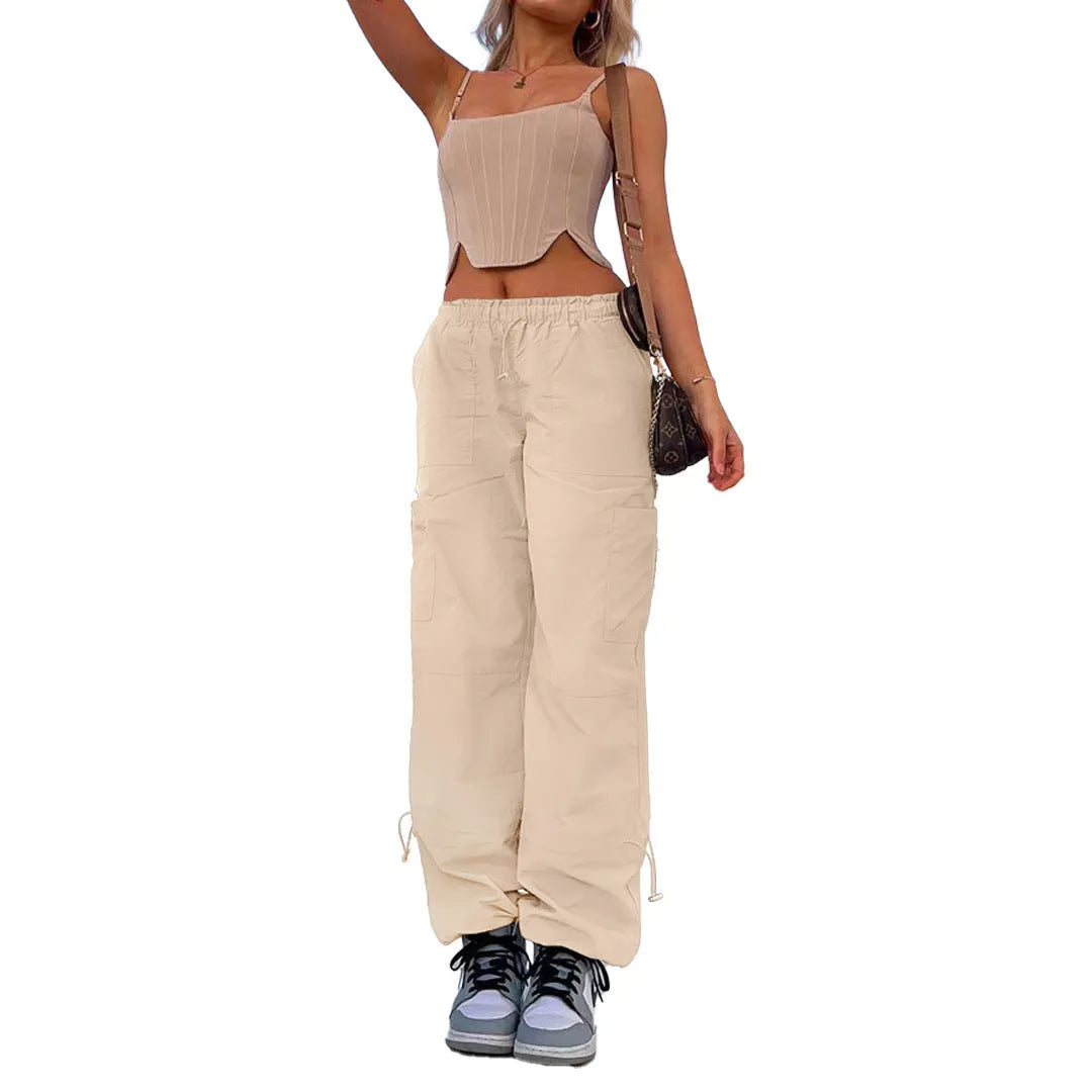 Straight-leg loose fit cargo casual pants in multiple colours on a mannequin, showing utility pockets.