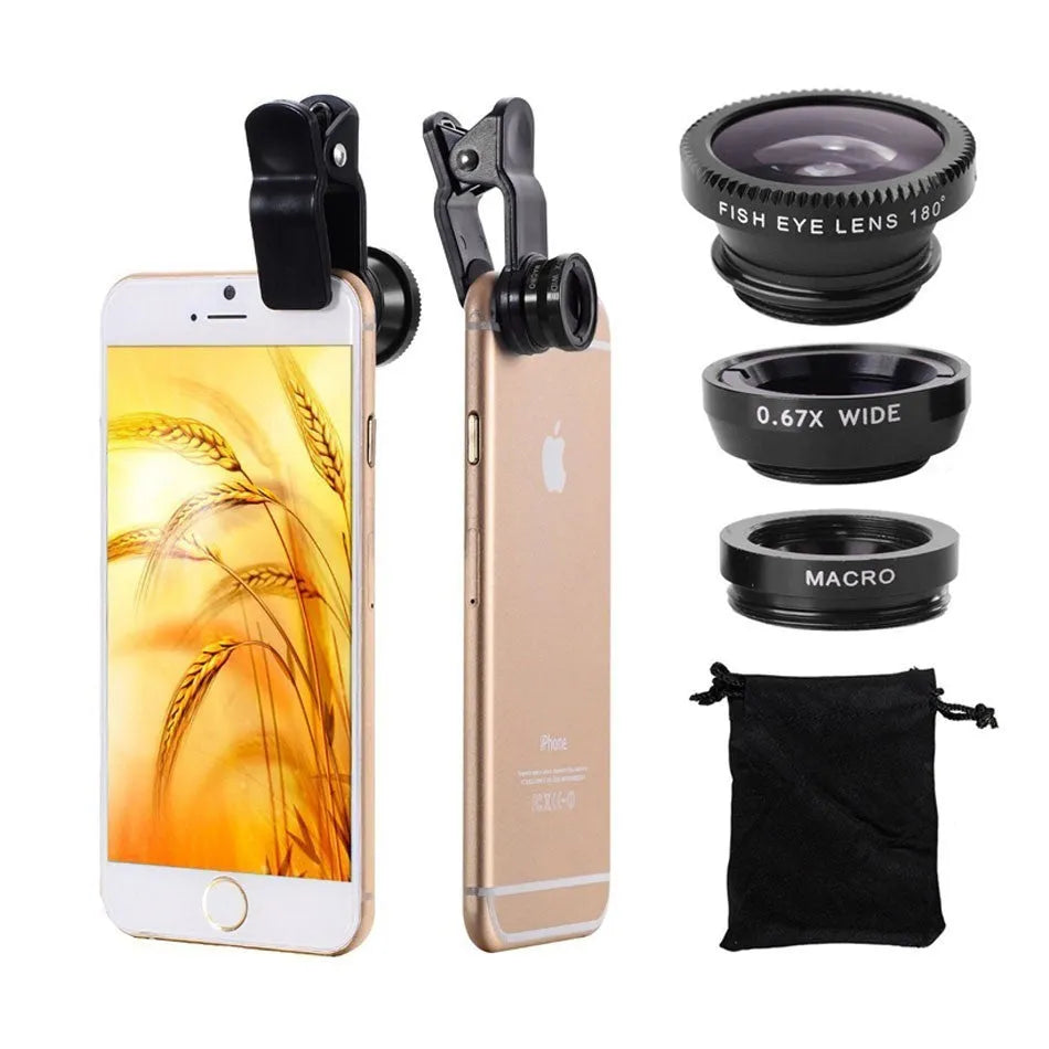 Universal 3-in-1 telephoto lens kit with 8x magnification, fisheye wide-angle macro set, and Bluetooth self-timer for mobile phones