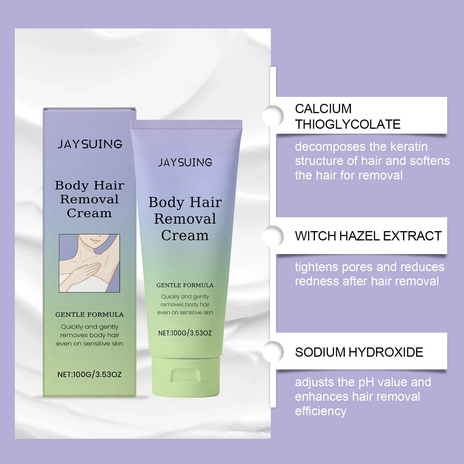 100g tube of moisturising hair removal cream with witch hazel and glycerin.