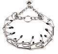 Stainless steel dog prong training collar with rubber tips and adjustable chain links.