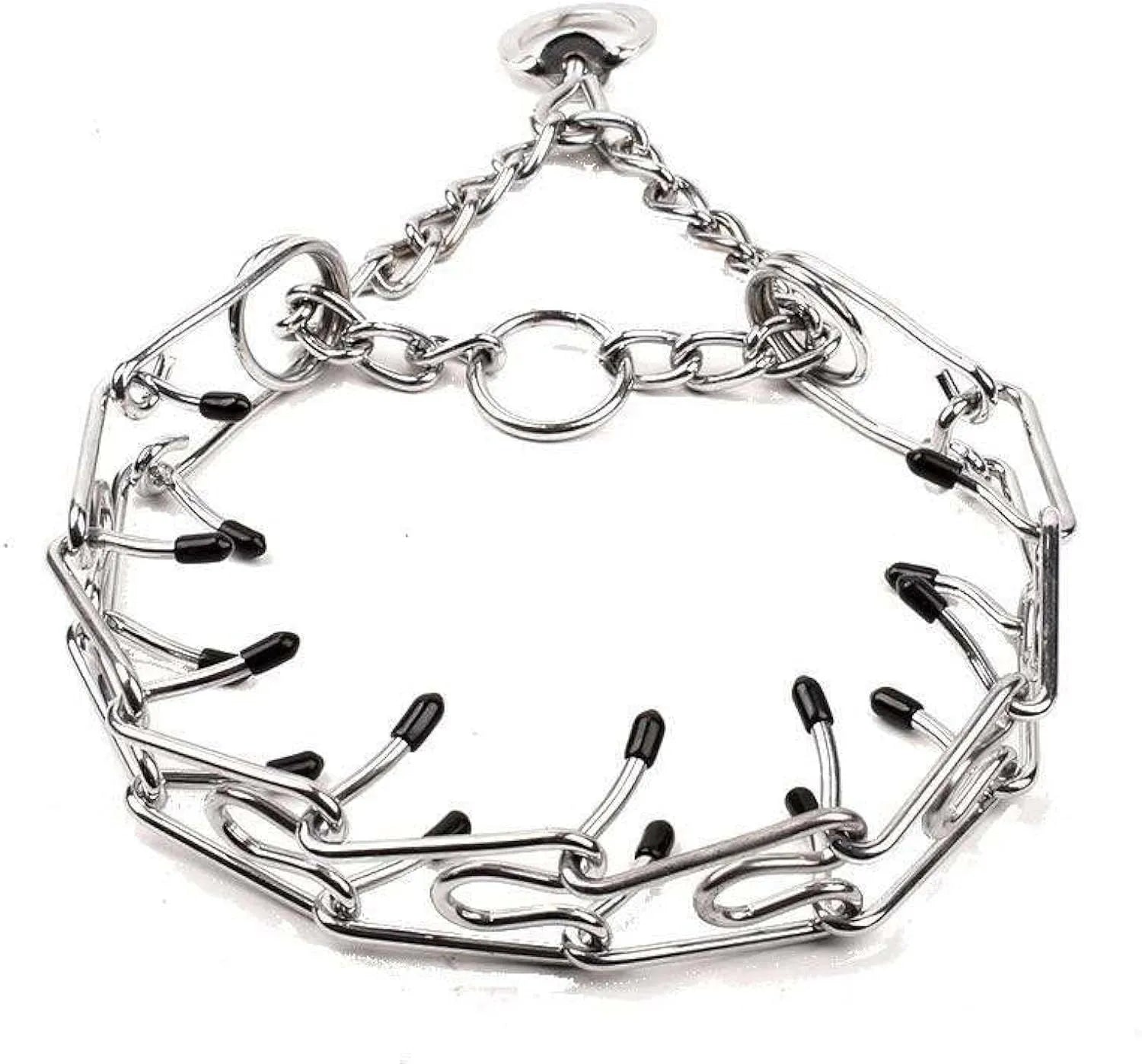 Stainless steel dog prong training collar with rubber tips and adjustable chain links.