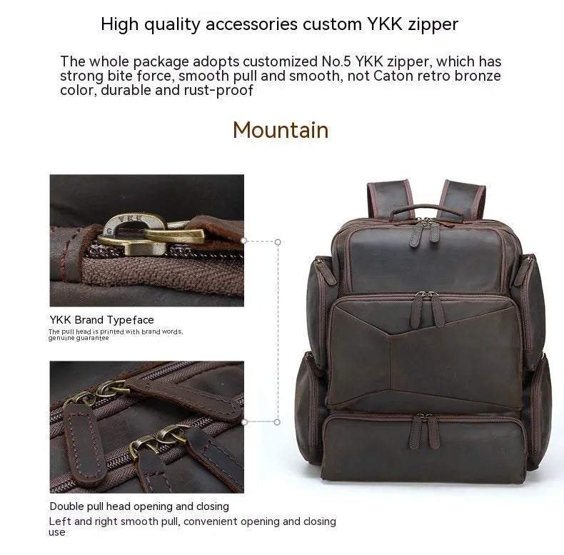 Dark brown genuine leather backpack for men showing embossed texture, double straps, and open compartments.