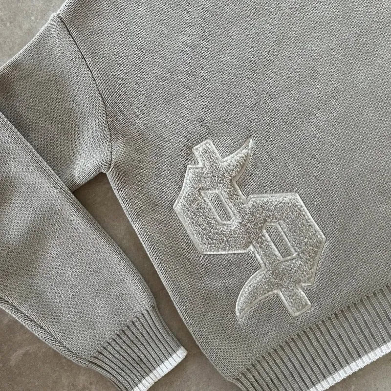Grey jacquard knitwear coat loose fitting pullover long sleeves
