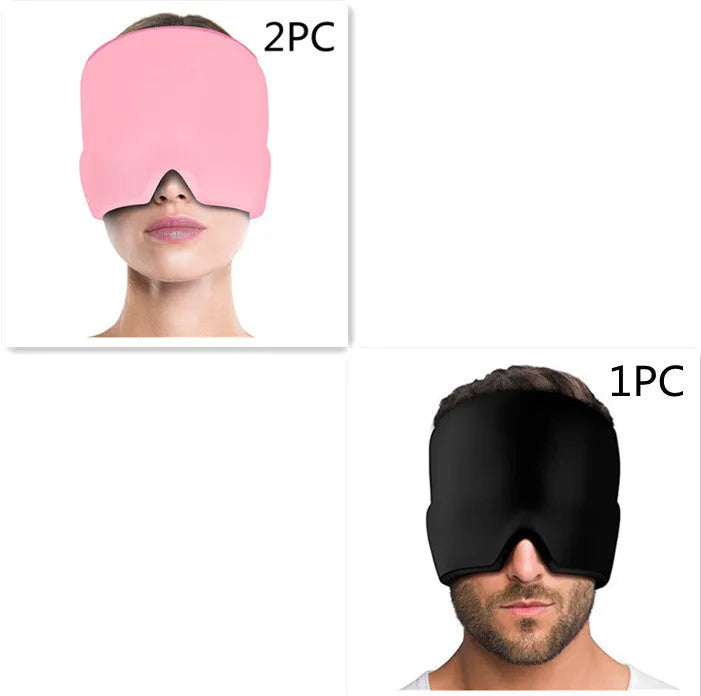 Black elastic cloth cooling gel eye mask for headache relief showing adjustable fit
