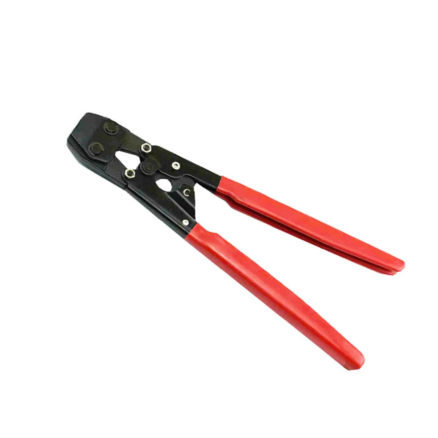 Red cloth finished metal single ear hose clamp next to a carbon steel cutting tool on a workbench.