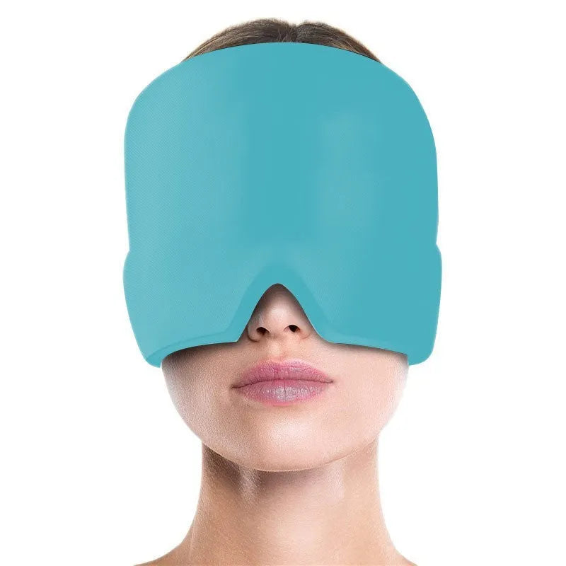 Black elastic cloth cooling gel eye mask for headache relief showing adjustable fit