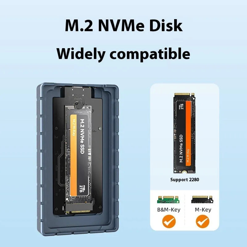 Aluminium USB4 hard disk enclosure for SSD, shown next to a MacBook.