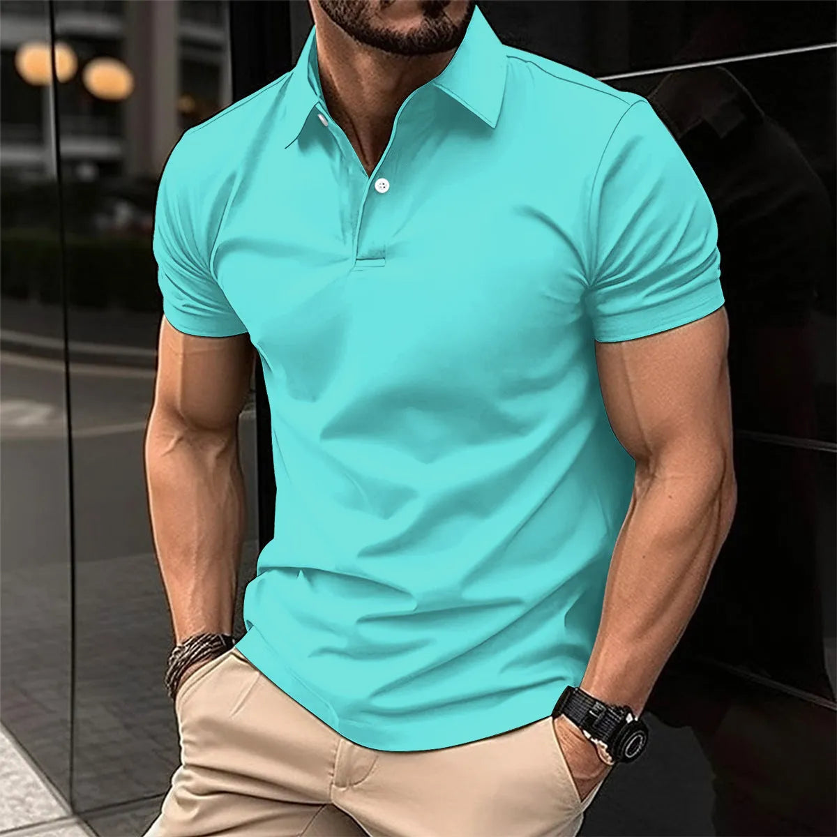 Men's solid colour cotton blend polo shirt with button lapel collar and short sleeves