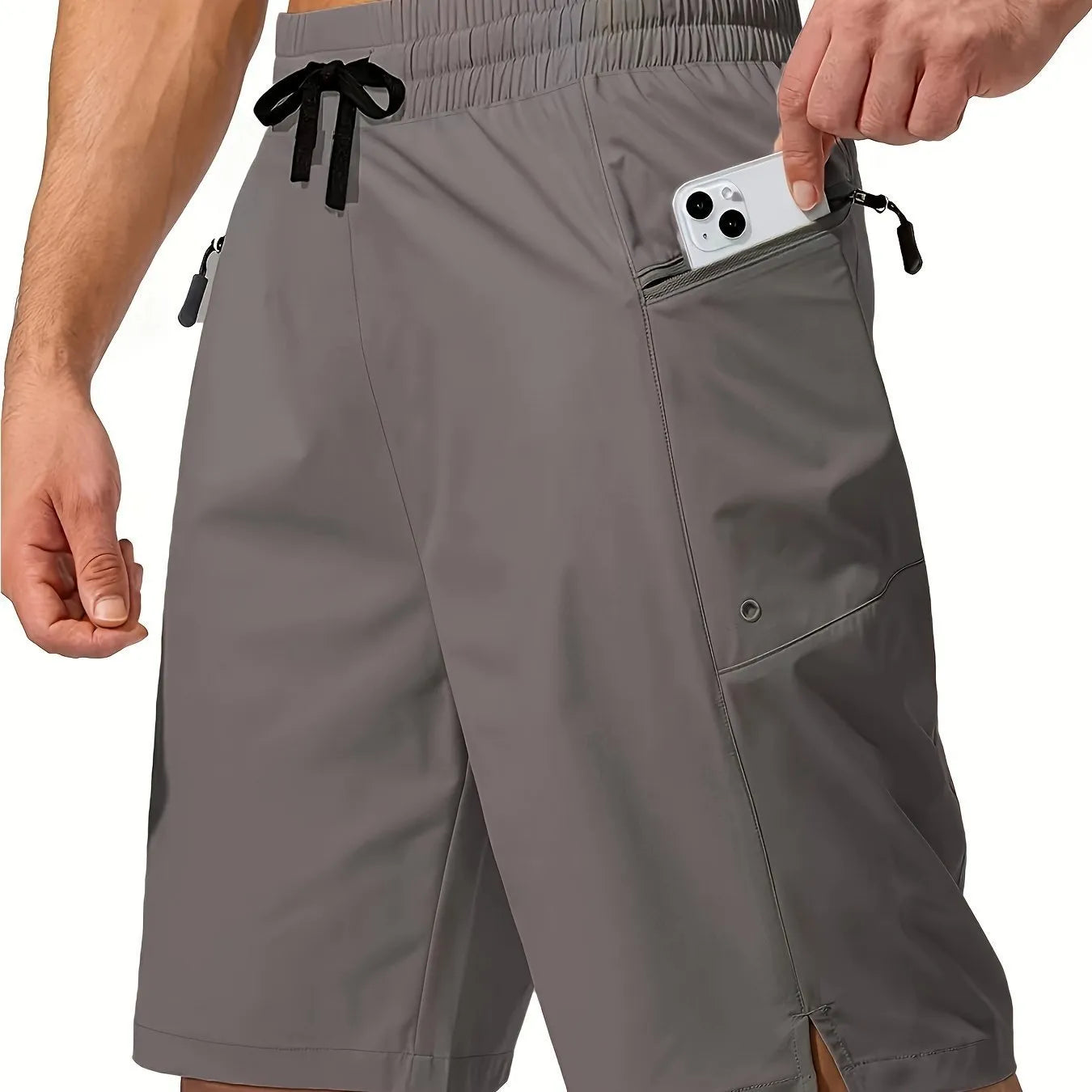 Men's quick-drying beach shorts in solid colours showing straight-leg design and polyester fabric texture