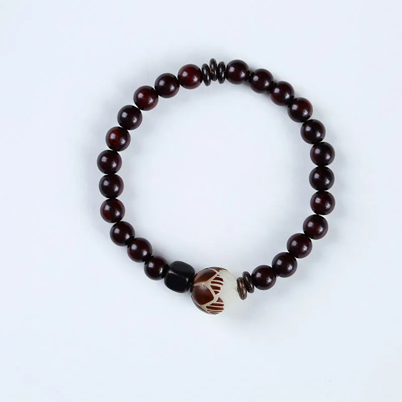 Natural rosewood bracelet with double rings and single circle design, 10mm floral carved bead