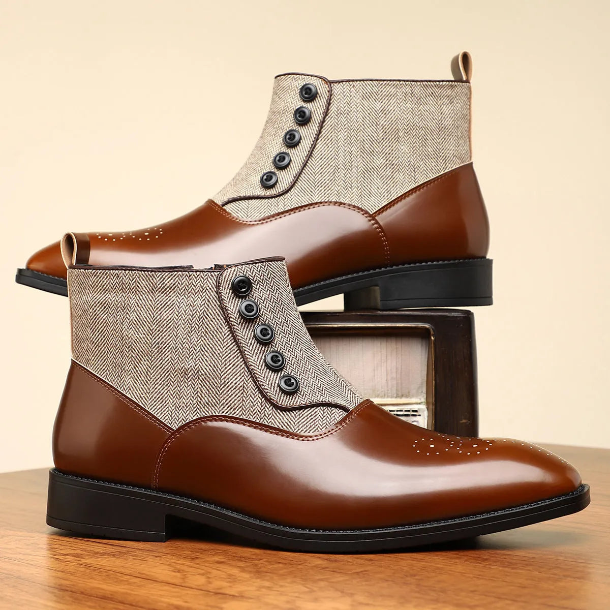 Brown retro men's formal shoe with side zipper, embossed texture, square toe, and low square heel on a plain background.